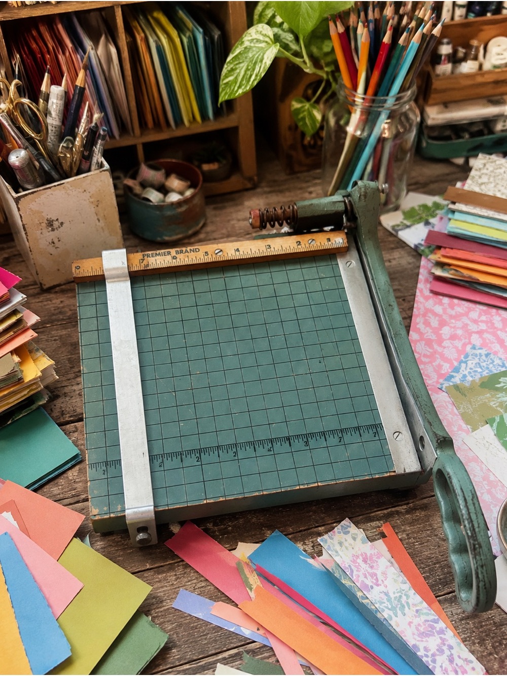 Vintage Premier Brand Guillotine Paper Cutter Trimmer Green Industrial USA 🇺🇸